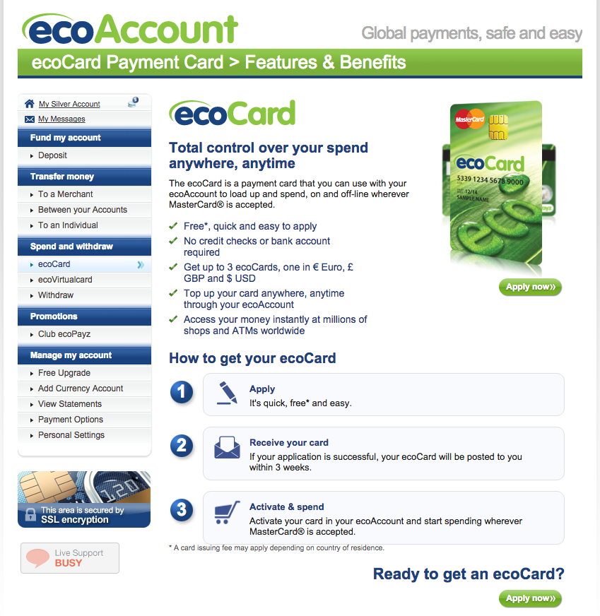 ATMでの引き出しができる「ecoCard」の申請画面