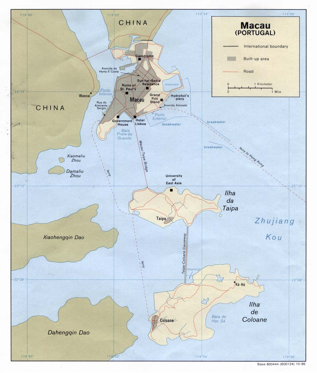 1986年のマカオの地図　コタイ地区そのものがまだない