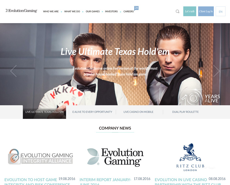 Evolution Gaming社のウェブサイト