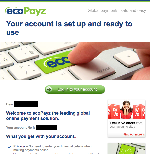 ecoPayz（エコペイズ）からの登録完了メール
